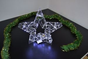 Vánoční osvětlení, drátěná hvězda na baterie 35cm, dvjojitá, stříbrná, bateriová